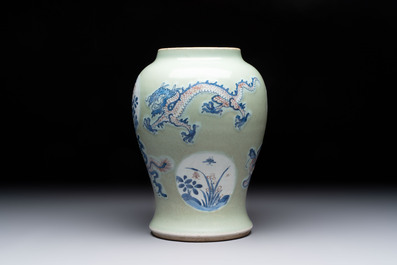 A Chinese blue, white and copper-red celadon-ground 'dragon and phoenix' vase, Kangxi