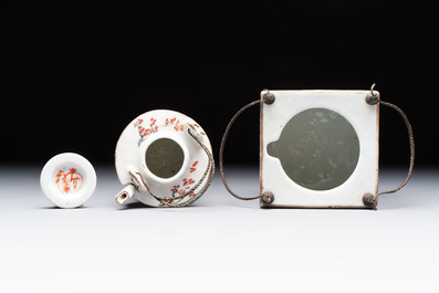 A Chinese qianjiang cai covered teapot and a covered wine warmer, Tongzhi mark, 19/20th C.