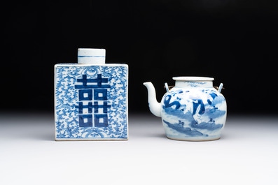 A Chinese blue and white 'prunus on cracked ice' jar, a tea caddy, a covered teapot, and four famille rose cups, 19th C.