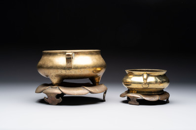 Two Chinese bronze censers and stands, Xuande mark, 19th C.