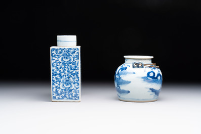 A Chinese blue and white 'prunus on cracked ice' jar, a tea caddy, a covered teapot, and four famille rose cups, 19th C.