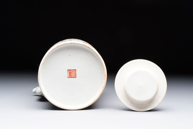 A Chinese qianjiang cai covered teapot and a covered wine warmer, Tongzhi mark, 19/20th C.