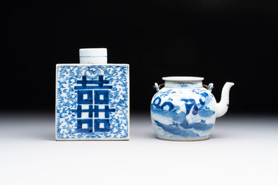 A Chinese blue and white 'prunus on cracked ice' jar, a tea caddy, a covered teapot, and four famille rose cups, 19th C.