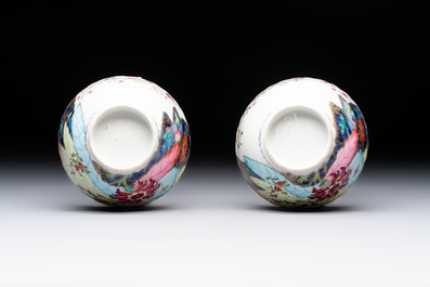 A pair of Chinese famille rose 'tobacco leaf' cups and saucers, Qianlong