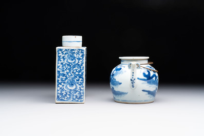 A Chinese blue and white 'prunus on cracked ice' jar, a tea caddy, a covered teapot, and four famille rose cups, 19th C.