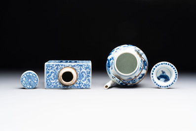 A Chinese blue and white 'prunus on cracked ice' jar, a tea caddy, a covered teapot, and four famille rose cups, 19th C.