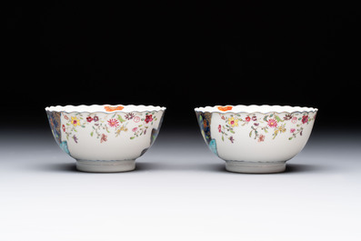 A pair of Chinese famille rose 'tobacco leaf' cups and saucers, Qianlong