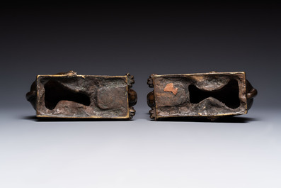 A pair of reclining bronze lions, probably Dinant, 16th C.