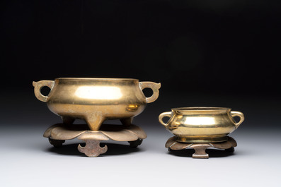 Two Chinese bronze censers and stands, Xuande mark, 19th C.