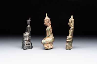 A Thai silver Buddha and two Burmese bronze Buddhas, 16/19th C.