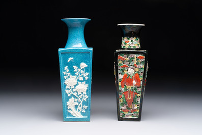 A Chinese robin's egg-glazed vase with relief floral design and a famille noire 'Four Heavenly Kings' vase, 19th C.