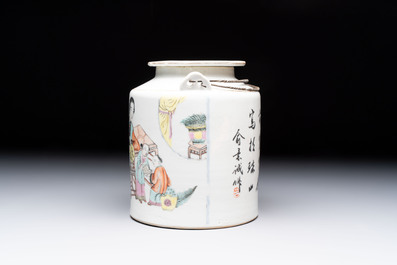 A Chinese qianjiang cai covered teapot and a covered wine warmer, Tongzhi mark, 19/20th C.
