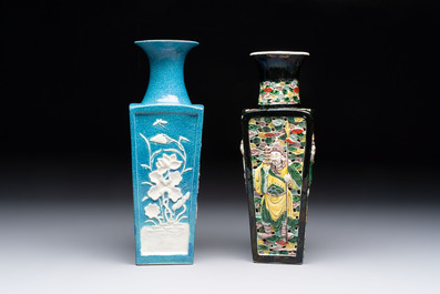 A Chinese robin's egg-glazed vase with relief floral design and a famille noire 'Four Heavenly Kings' vase, 19th C.