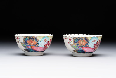 A pair of Chinese famille rose 'tobacco leaf' cups and saucers, Qianlong