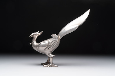 A fine Japanese silver phoenix, made by Toshihiko 敏彥造, silver 銀製 mark, Meiji/Taisho, 19/20th C.