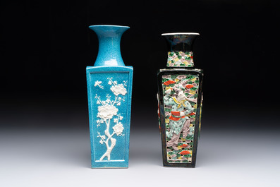 A Chinese robin's egg-glazed vase with relief floral design and a famille noire 'Four Heavenly Kings' vase, 19th C.
