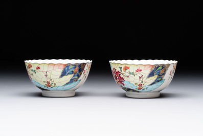A pair of Chinese famille rose 'tobacco leaf' cups and saucers, Qianlong