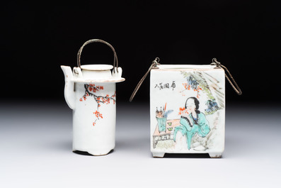 A Chinese qianjiang cai covered teapot and a covered wine warmer, Tongzhi mark, 19/20th C.