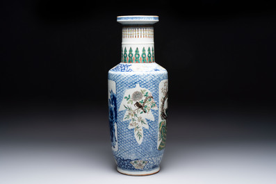 A Chinese blue, white and famille verte rouleau vase with figural and peacock design, Qianlong mark, 19th C.
