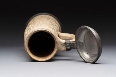 A Siegburg stoneware pewter-mounted schnelle, dated 1589