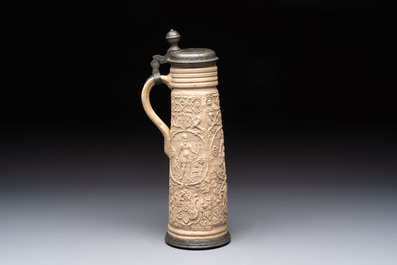A Siegburg stoneware pewter-mounted schnelle, dated 1589
