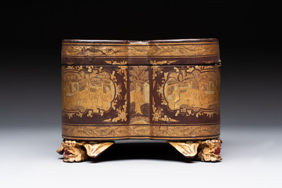 A fine Chinese Canton gilt-lacquered quadrifoil tea chest, 19th C.