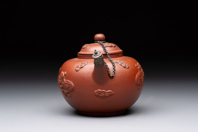 A Dutch Delft Yixing-style red earthenware teapot and cover, Ary De Milde mark, late 17th C.
