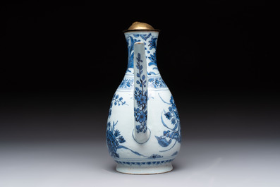 A fine blue and white Dutch Delft chinoiserie jug with brass lid, 17th C.