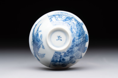 A Chinese blue and white 'Rotterdam Riot' cup and saucer, jade mark, Kangxi