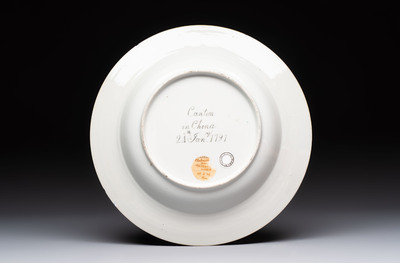 A Chinese armorial plate with the arms of Chadwick quartering Malvesyn, Carden and Bagot, Qianlong, dated 24 Jan. 1791