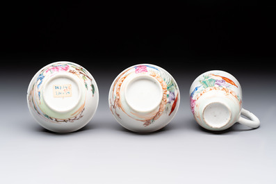 A varied collection of three Chinese famille rose 'mythological subject' cups and two saucers, Qianlong