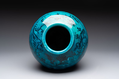 A polychrome pottery hookah base and a Persian turquoise-glazed pottery jar, late Qajar period, Iran, 19/20th C.