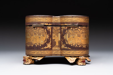A fine Chinese Canton gilt-lacquered quadrifoil tea chest, 19th C.