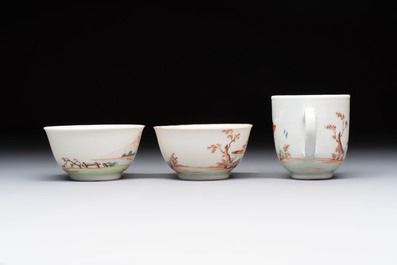 A varied collection of three Chinese famille rose 'mythological subject' cups and two saucers, Qianlong