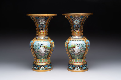 A pair of Chinese cloisonn&eacute; 'cranes' vases, Republic