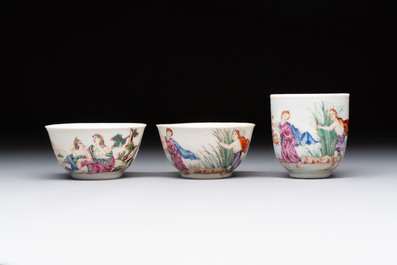 A varied collection of three Chinese famille rose 'mythological subject' cups and two saucers, Qianlong