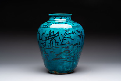 A polychrome pottery hookah base and a Persian turquoise-glazed pottery jar, late Qajar period, Iran, 19/20th C.