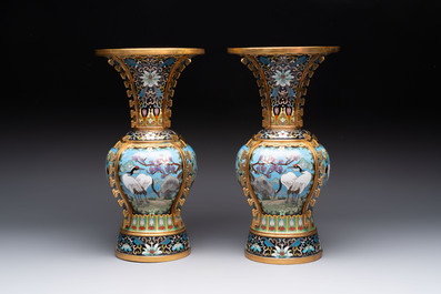 A pair of Chinese cloisonn&eacute; 'cranes' vases, Republic