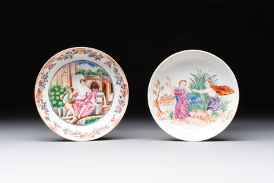 A varied collection of three Chinese famille rose 'mythological subject' cups and two saucers, Qianlong