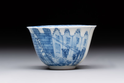 A Chinese blue and white 'Rotterdam Riot' cup and saucer, jade mark, Kangxi