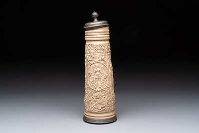 A Siegburg stoneware pewter-mounted schnelle, dated 1589