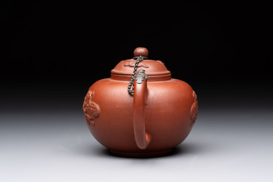 A Dutch Delft Yixing-style red earthenware teapot and cover, Ary De Milde mark, late 17th C.