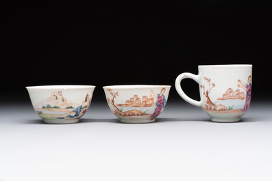 A varied collection of three Chinese famille rose 'mythological subject' cups and two saucers, Qianlong