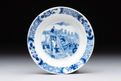 A Chinese blue and white 'Rotterdam Riot' cup and saucer, jade mark, Kangxi