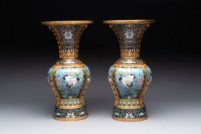 A pair of Chinese cloisonn&eacute; 'cranes' vases, Republic