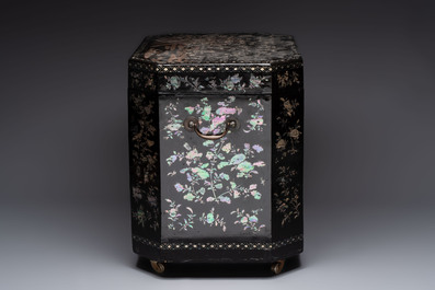 A large Chinese export mother-of-pearl-inlaid lacquer tea chest, 19th C.