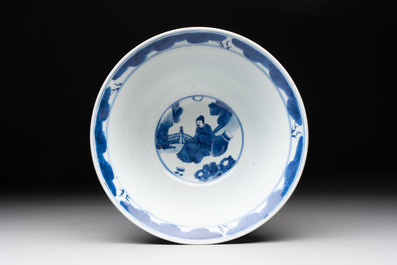 A large Chinese blue and white 'Zhu Lin Qi Xian 竹林七賢' bowl, Kangxi
