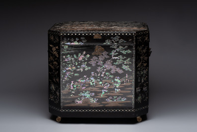 A large Chinese export mother-of-pearl-inlaid lacquer tea chest, 19th C.