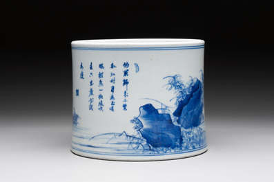 A fine Chinese blue and white 'fishermen and poem' bitong, Shang 賞 seal mark, Kangxi