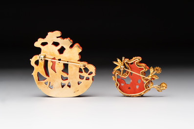 Two Chinese red coral 14kt gold-mounted brooches, 19/20th C.